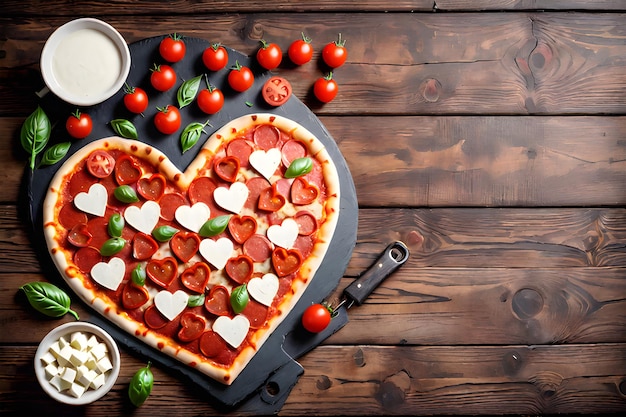 Pizza de pepperoni em uma variedade de alimentos não saudáveis em uma foto de mesa escura de madeira Plataforma de IA de playground