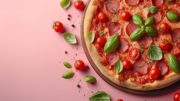 Pizza de pepperoni fresco com manjericão e tomates cereja em um fundo rosa adequado para confeitos culinários