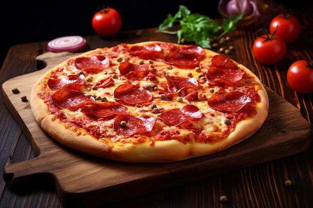 Pizza de pepperoni saindo do forno com vista frontal de fundo desfocado