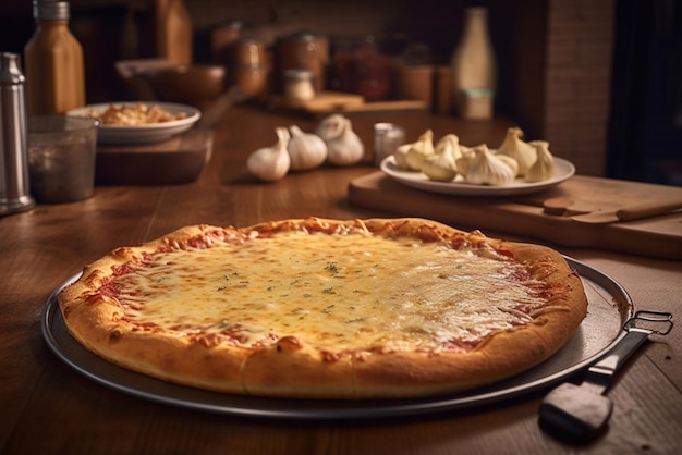 Pizza de quatro queijos em cima da mesa em uma pizzaria fast food