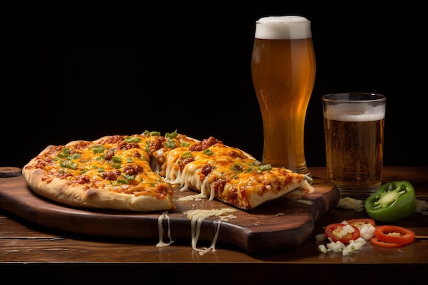 Foto pizza de queijo servida com uma bebida fria, por exemplo, soda de cerveja