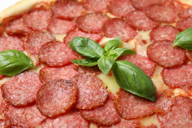 Pizza de salame, close-up e foco seletivo