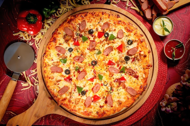 Pizza de salsicha com molho de tomate e maionese isolado na vista superior da placa de madeira de comida italiana em fundo de madeira