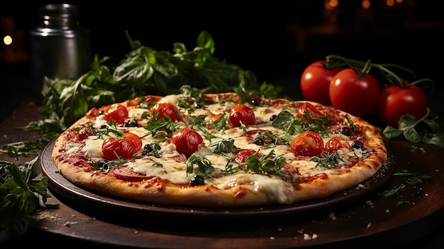 Pizza de vegetais com mozzarella, queijo e manjericão.