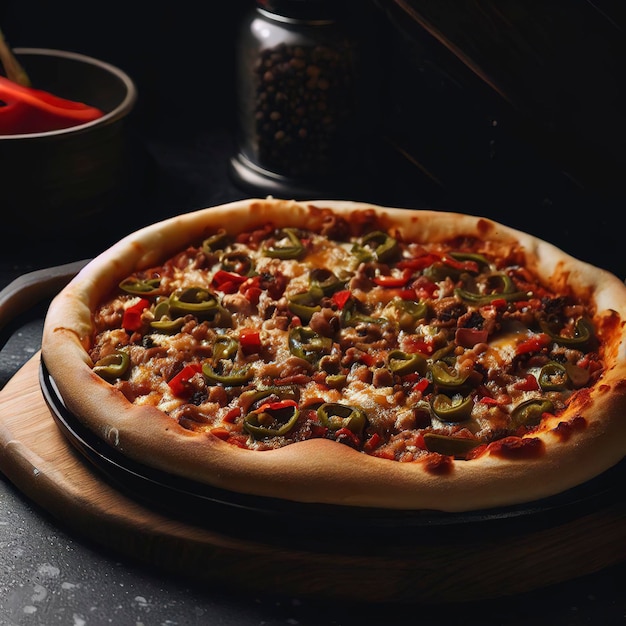 Pizza de vista lateral com pimenta picada em utensílios de cozinha em fundo escuro
