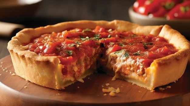 Pizza deepdish estilo Chicago Uma pizza grossa com uma crosta alta e molho de tomate grosso