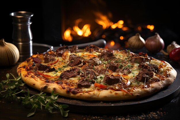 Pizza con una deliciosa capa de hoja de oro comestible generosamente coronada con suculenta carne de res wagyu derretida en la boca foie gras y chalotes caramelizados ilustración generativa ai