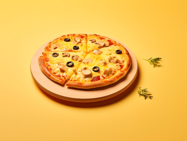 Foto pizza deliciosa com fundo amarelo