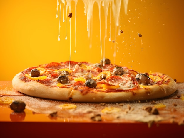 Foto pizza deliciosa com fundo amarelo