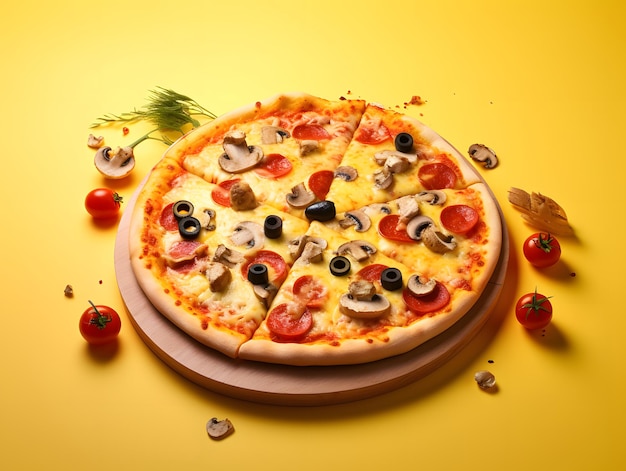 Foto pizza deliciosa com fundo amarelo