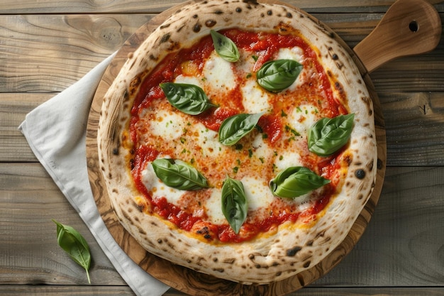 Pizza deliciosa com manjericão e molho de tomate em mesa de madeira