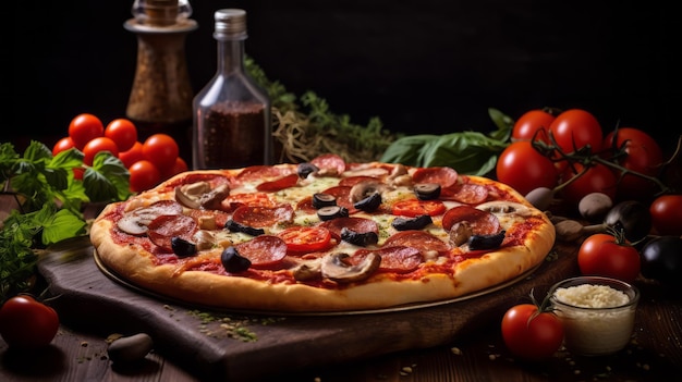 Pizza deliciosa de comida italiana coberta com molho de tomate, queijo, calabresa, cogumelos e muito mais