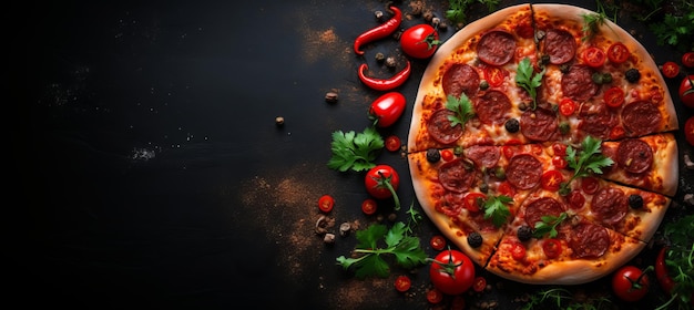 Pizza deliciosa em fundo de pedra preta com vista de cima e espaço de ingredientes para texto
