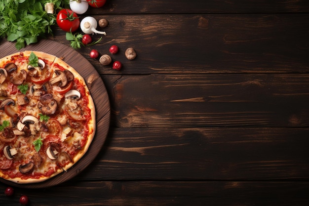 Foto pizza deliciosa em mesa de madeira com espaço para cópias