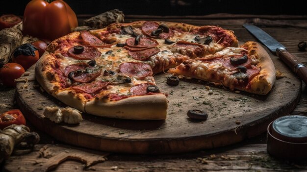 Pizza deliciosa em uma tábua de madeira com fundo preto