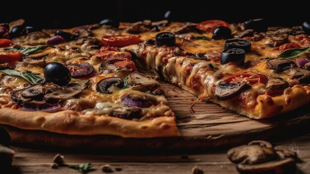 Pizza deliciosa em uma tábua de madeira com fundo preto