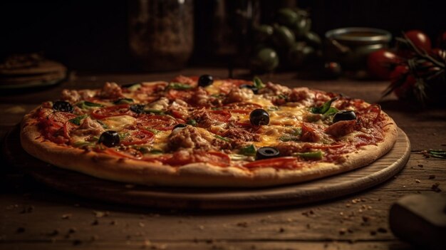 Pizza deliciosa em uma tábua de madeira com fundo preto