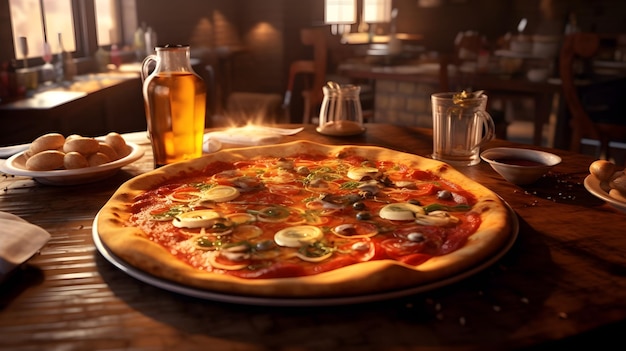 Pizza deliciosa na mesa com bebidas com fundo de restaurante desfocado