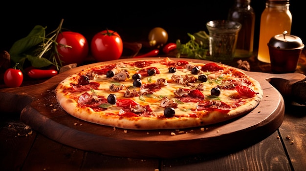 pizza deliciosa servida con ingredientes en una mesa de madera