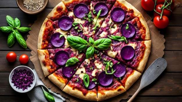 Foto pizza deliciosamente fresca com coberturas vibrantes pronta para ser saboreada