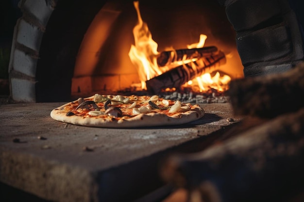 Una pizza se desliza sobre un hogar de piedra dentro del horno