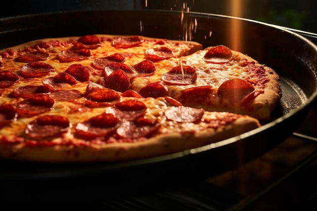 Una pizza se desliza sobre una superficie de piedra dentro del horno