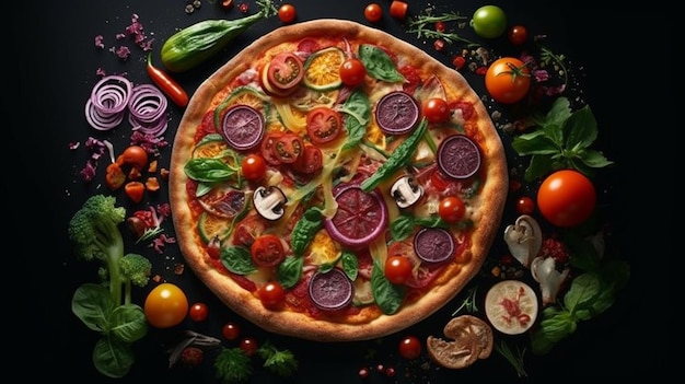 Una pizza con diferentes verduras y la palabra pizza encima