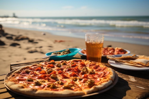 La pizza se disfruta en una salida a la playa Mejor fotografía de imágenes de pizza