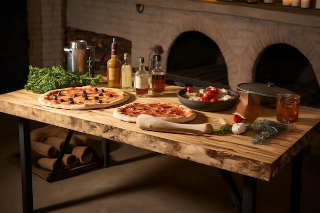 Pizza-Display-Holztisch mit Pizza-Ofen-Generative KI