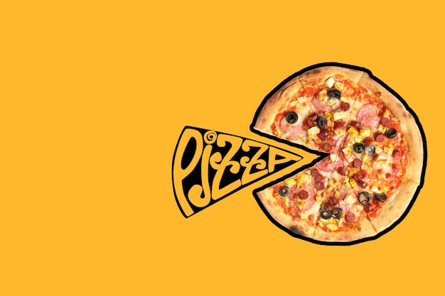 Pizza do dia da pizza com cortes em um fundo amarelo