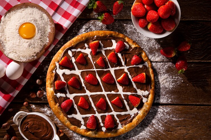 Foto pizza doce brasileira com creme de avelã e morango na madeira