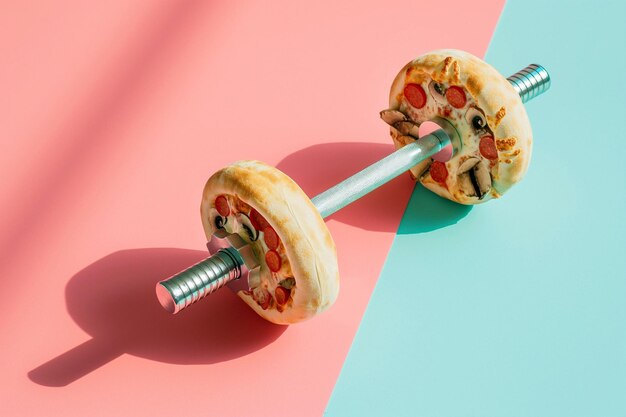 Pizza Dumbbell schlechte Fitness Ernährung Kreatives Konzept für einen gesunden Lebensstil Sport und Bodybuilding Gewichtstraining und falsche Ernährung zu viele Kohlenhydrate lustige Nahrung Junkfood essen