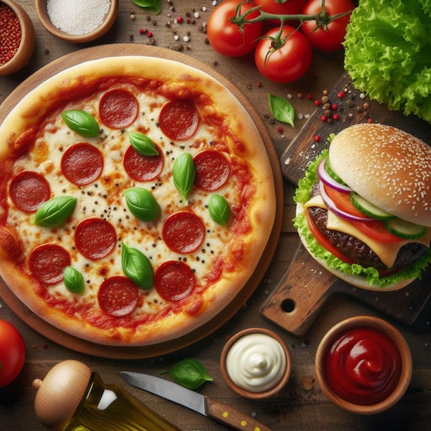 Pizza e hambúrguer foto realista
