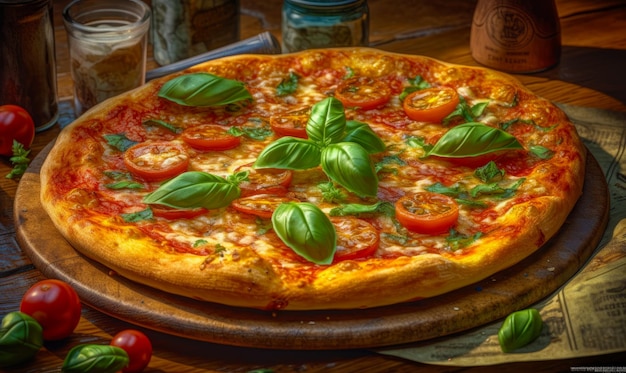 Pizza em cima de uma bandeja de madeira em cima da mesa IA generativa
