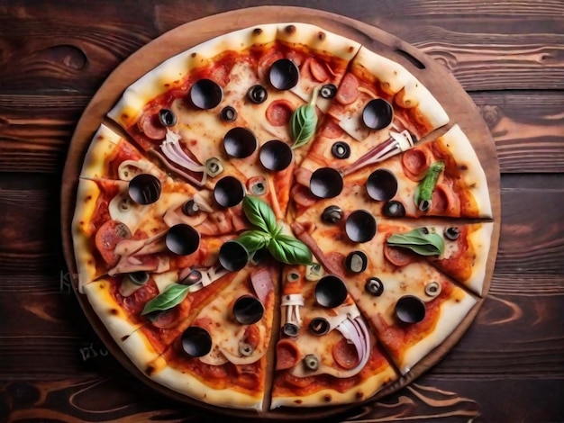 Pizza em fatias saborosa, vista de cima Pizza redonda tradicional italiana