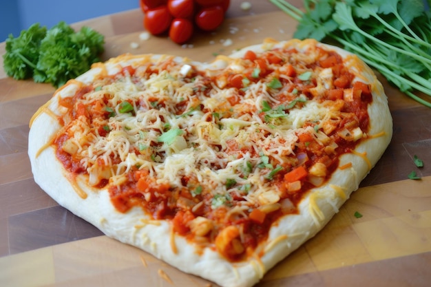 Pizza em forma de coração coberta com todos os ingredientes clássicos de pizza para uma fatia que certamente agradará