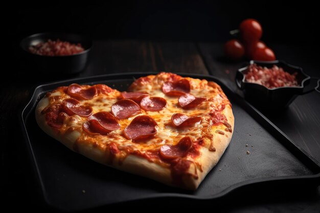Pizza em forma de coração com calabresa e queijo na mesa de madeira preta