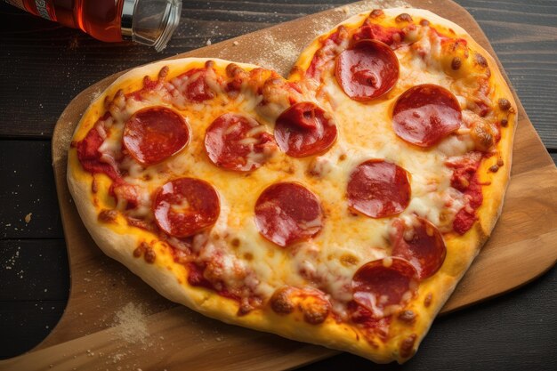 Pizza em forma de coração com queijo pegajoso e polvilhada com pepperoni