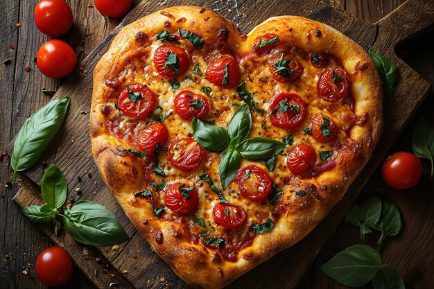 Pizza em forma de coração em fundo de madeira vintage O conceito de amor romântico para o Dia dos Namorados