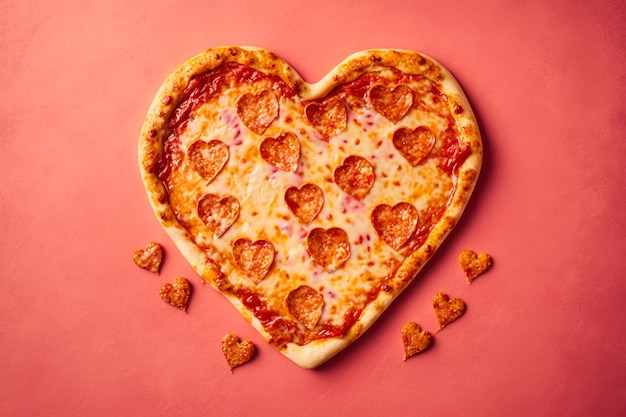 Foto pizza em forma de coração em fundo rosa generative ai