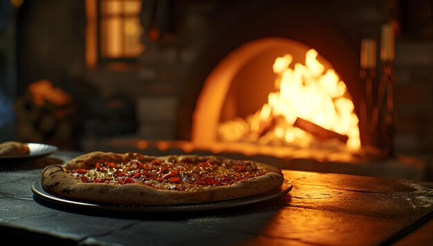 Foto pizza em frente a uma lareira em uma casa de campo