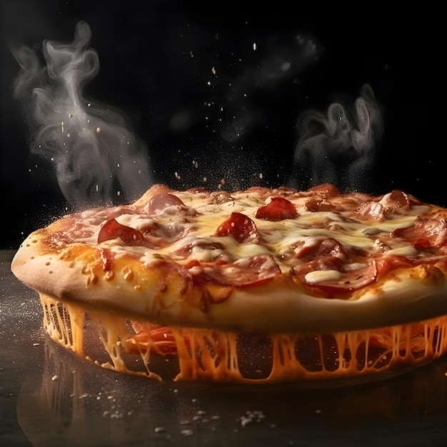 Pizza em um fundo preto com fogo e chamas em tons