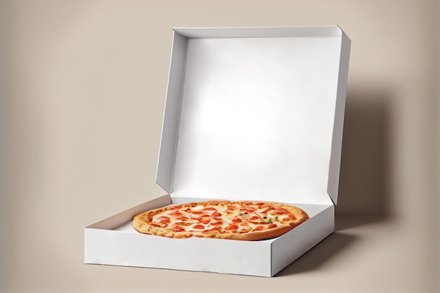 Pizza em uma caixa de papelão em um espaço de fundo claro para o seu texto gerado