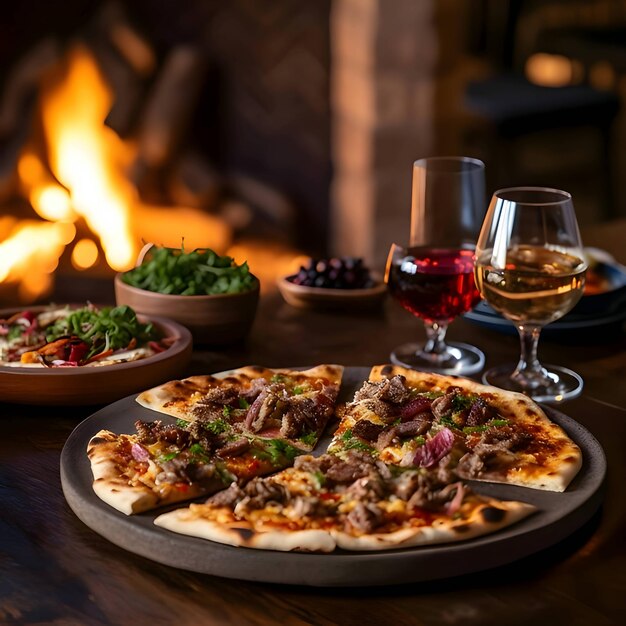 Pizza em uma mesa posta com copos de vinho e velas