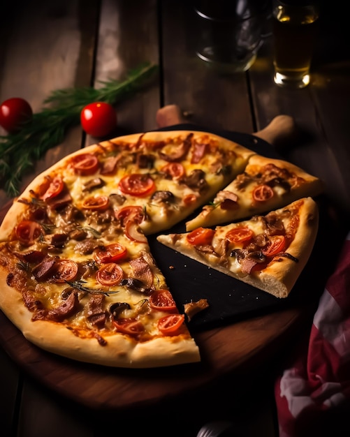 Pizza em uma placa de madeira com um guardanapo xadrez vermelho e branco e um copo de cerveja