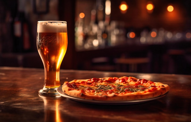 Foto una pizza encima de una mesa junto a un vaso de cerveza