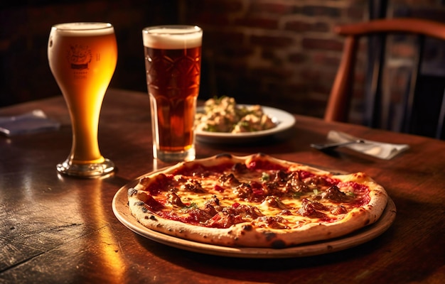 una pizza encima de una mesa junto a un vaso de cerveza