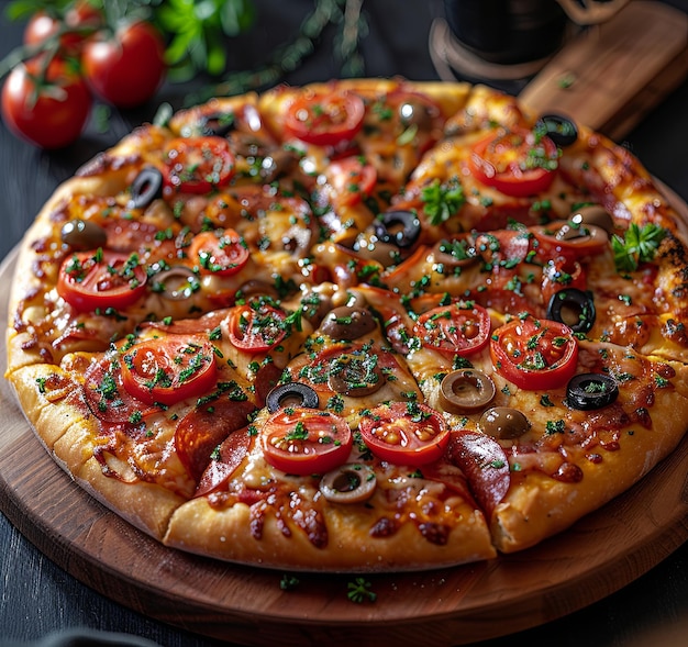 Foto esta pizza enorme tiene aceitunas y tomates madera mesa fotografía ia generativa