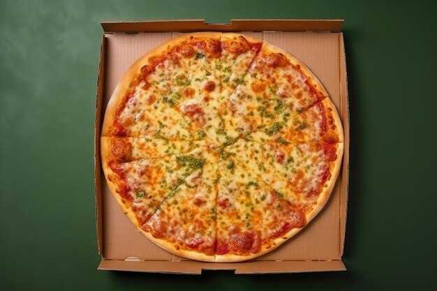 Foto pizza entregada en una caja sobre un fondo de pizarra verde