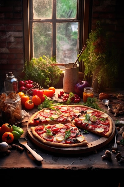 Pizza fatiada em uma mesa de madeira rústica criada com generative ai